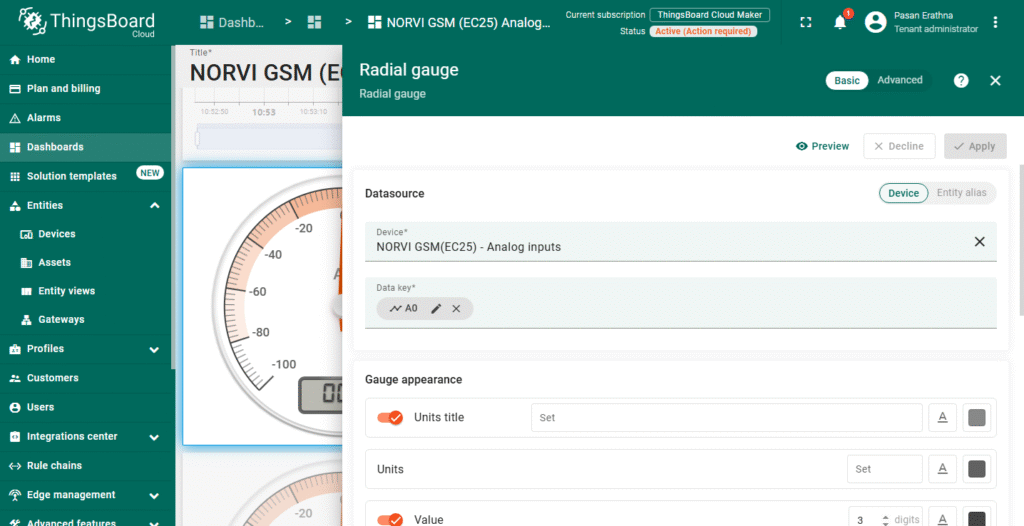How to Configure the thingboard widget to visualize the Analog inputs